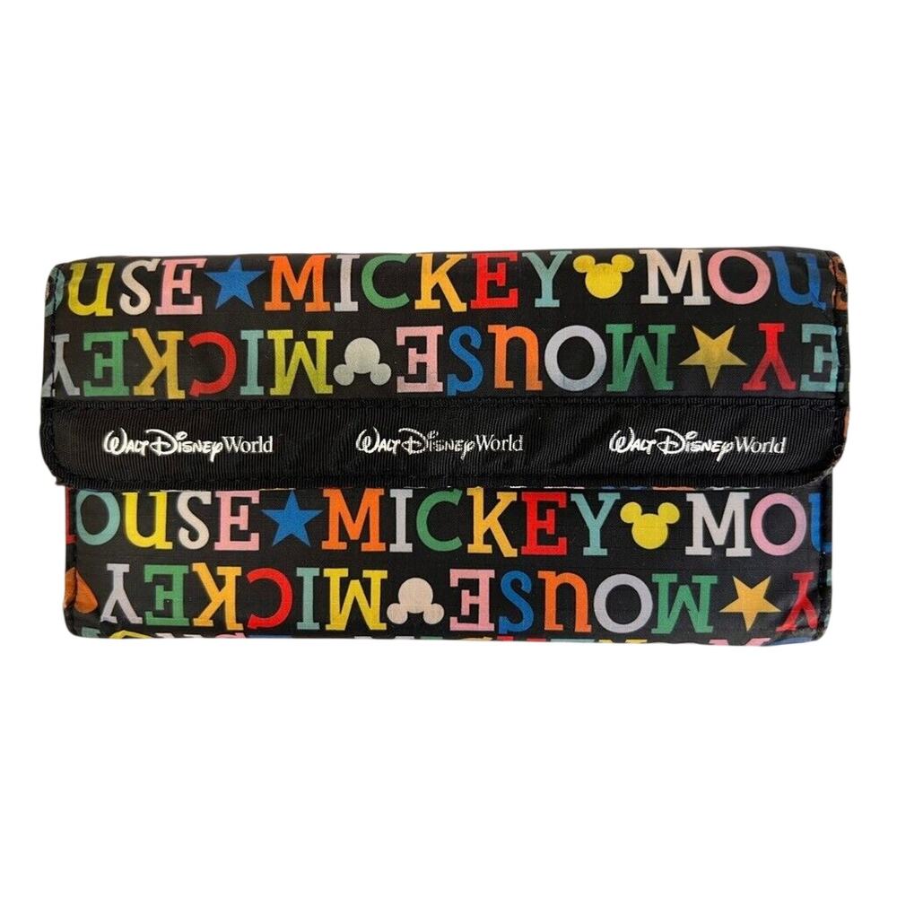 Walt Disney World Mickey Mouse Womens Wallet Black Multicolor Letters 7"